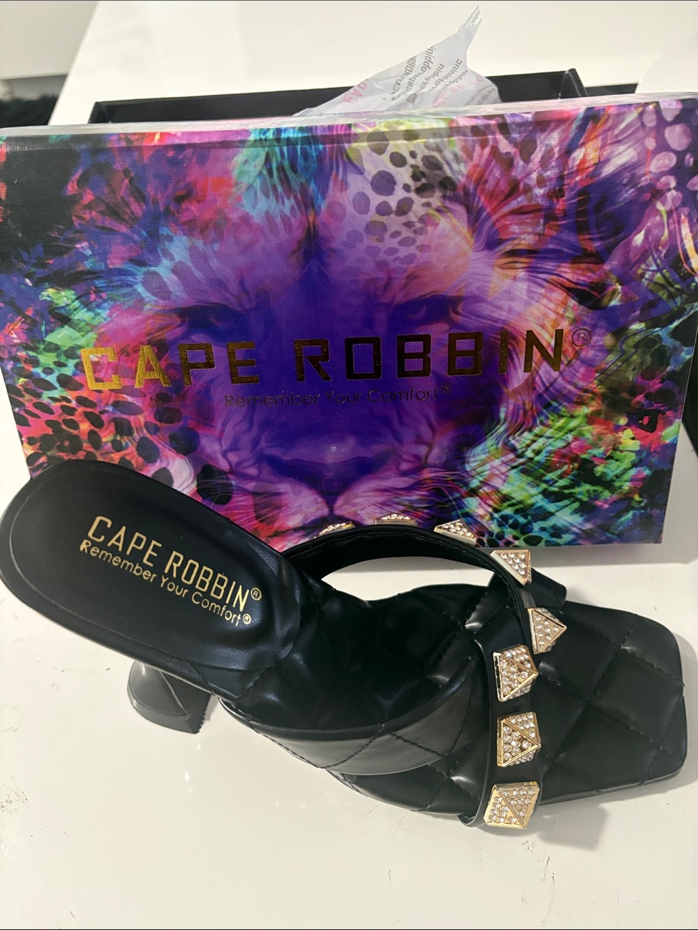 Cape Robbin Black Quilted Mule Sandals with Gold Crystal Pyramid Accents